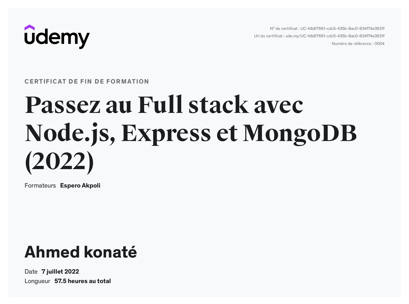 Certificat Passez au Full stack avec Node.js, Express et MongoDB