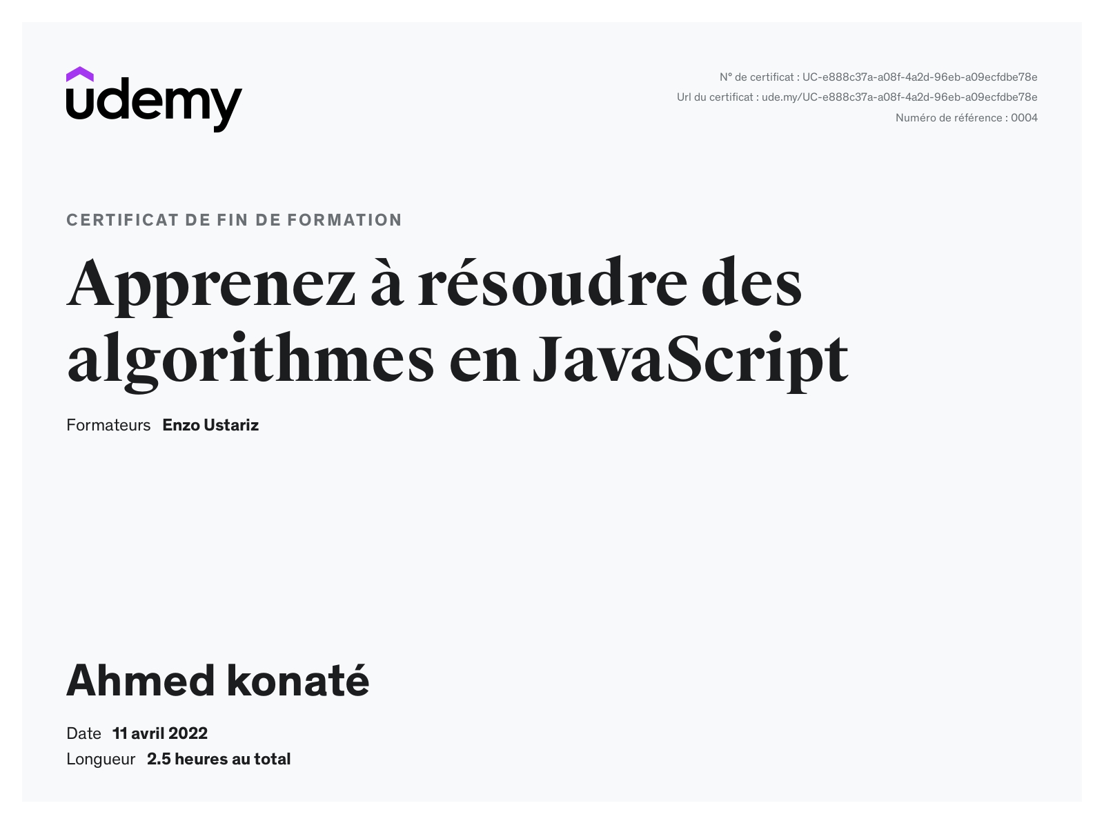 Certificat Apprenez à résoudre des algorithmes en JavaScript