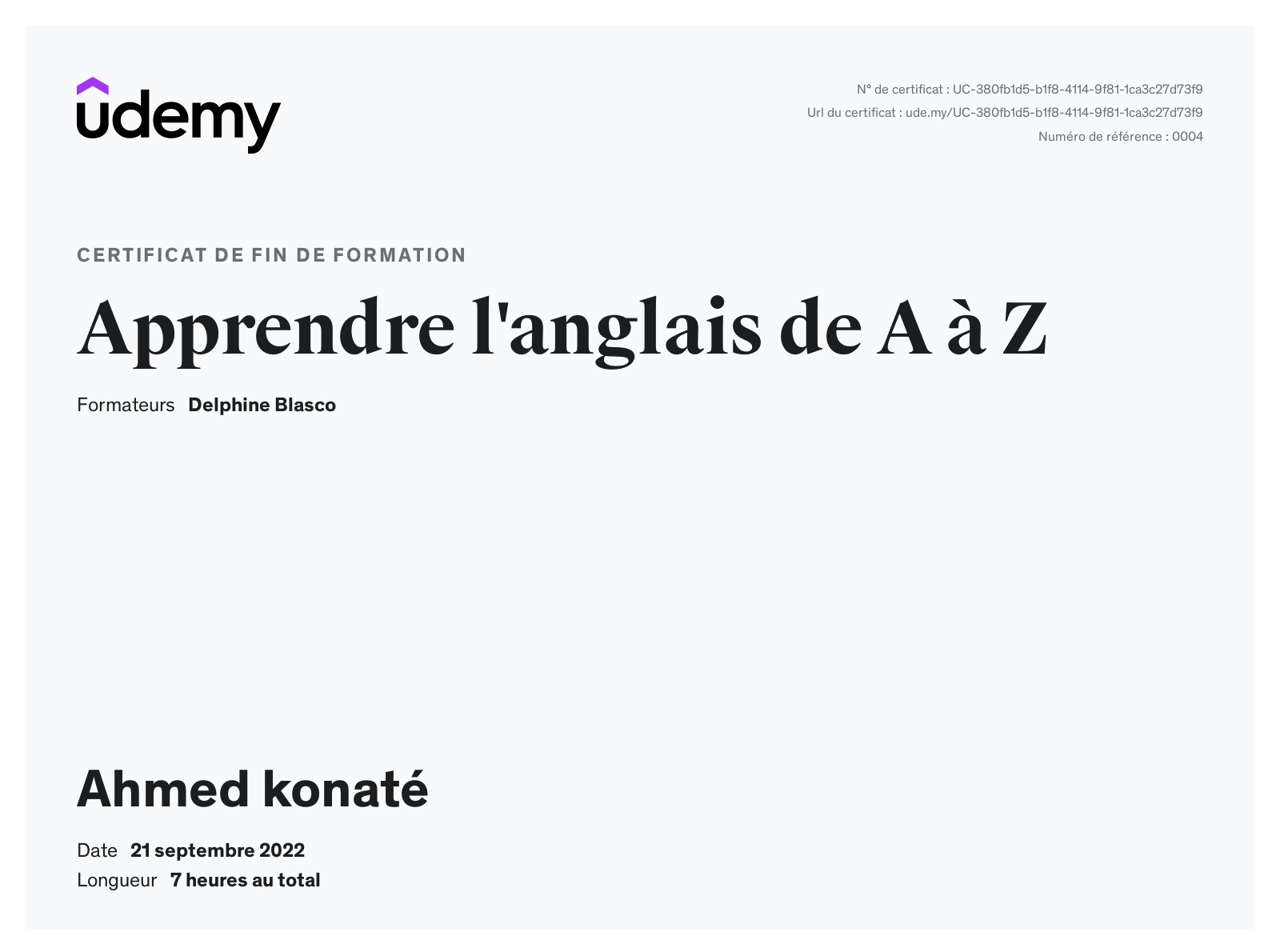 Certificat Apprendre l'anglais de A à Z