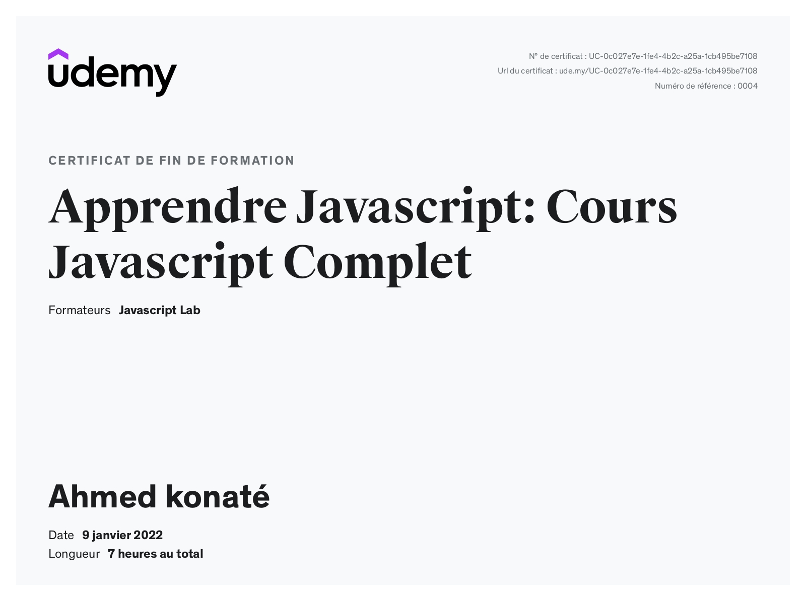 Certificat Apprendre Javascript: Cours Javascript Complet